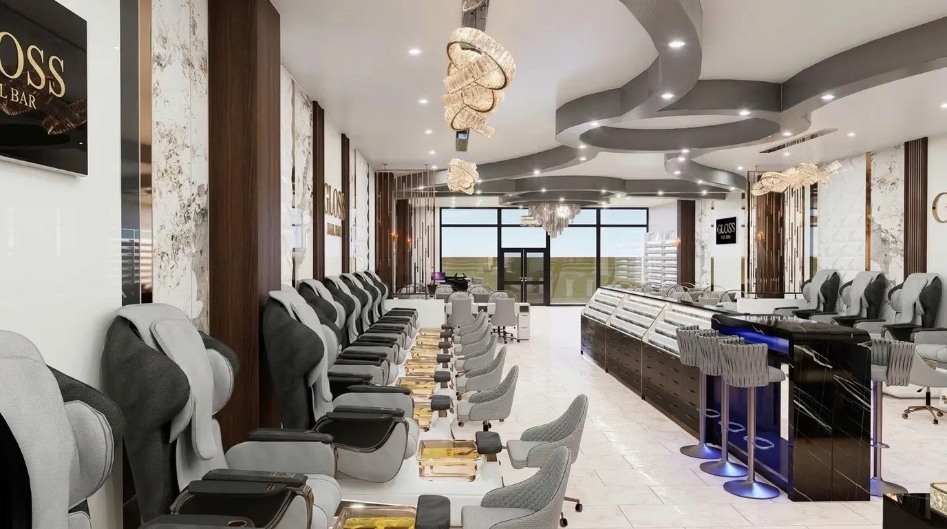 Design rendering of the future Niles pedicure hall with spa thrones beneath spiralling crystal chandeliers