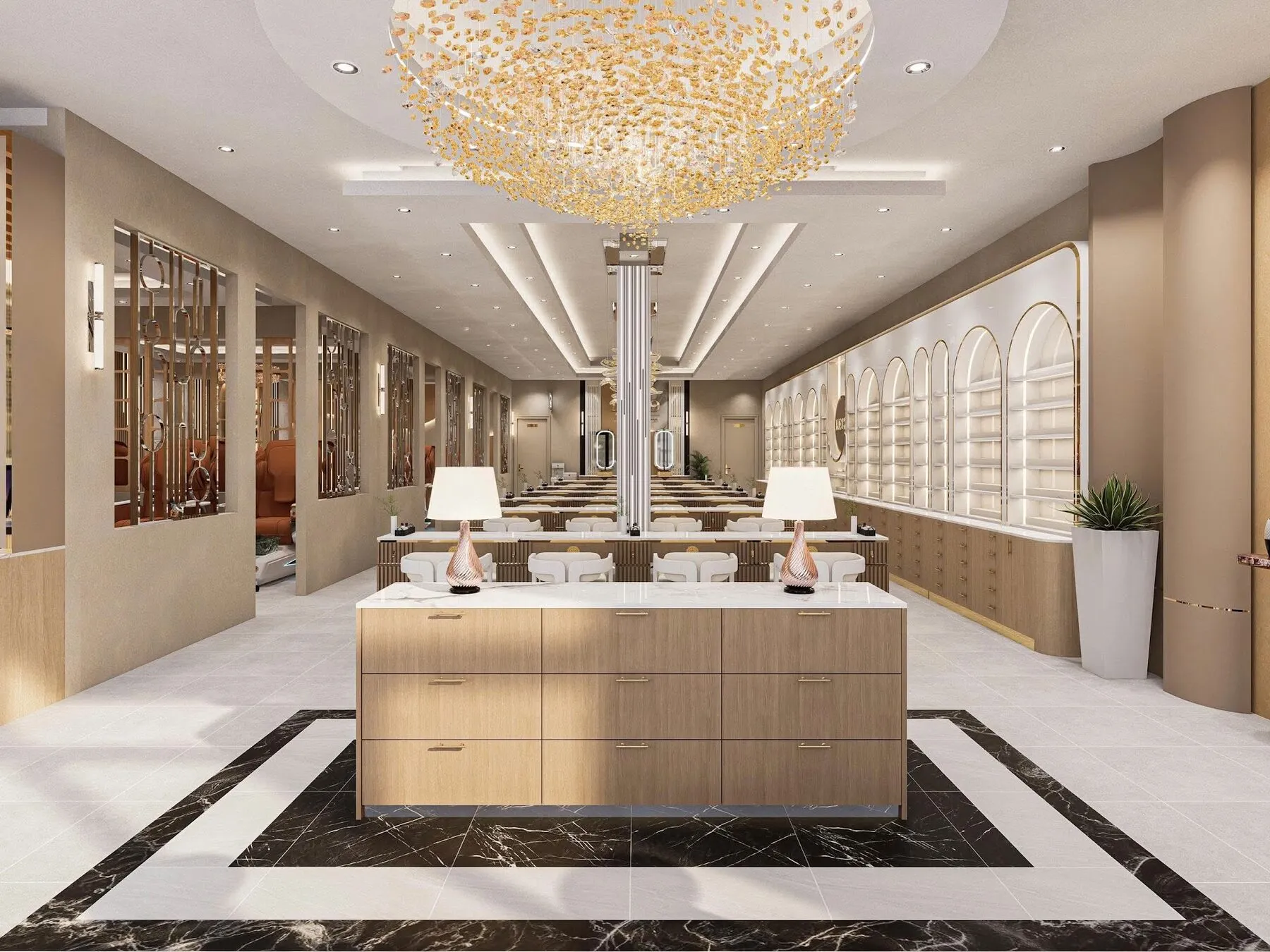 Design rendering of the future Schaumburg pedicure hall with a golden sunburst chandelier