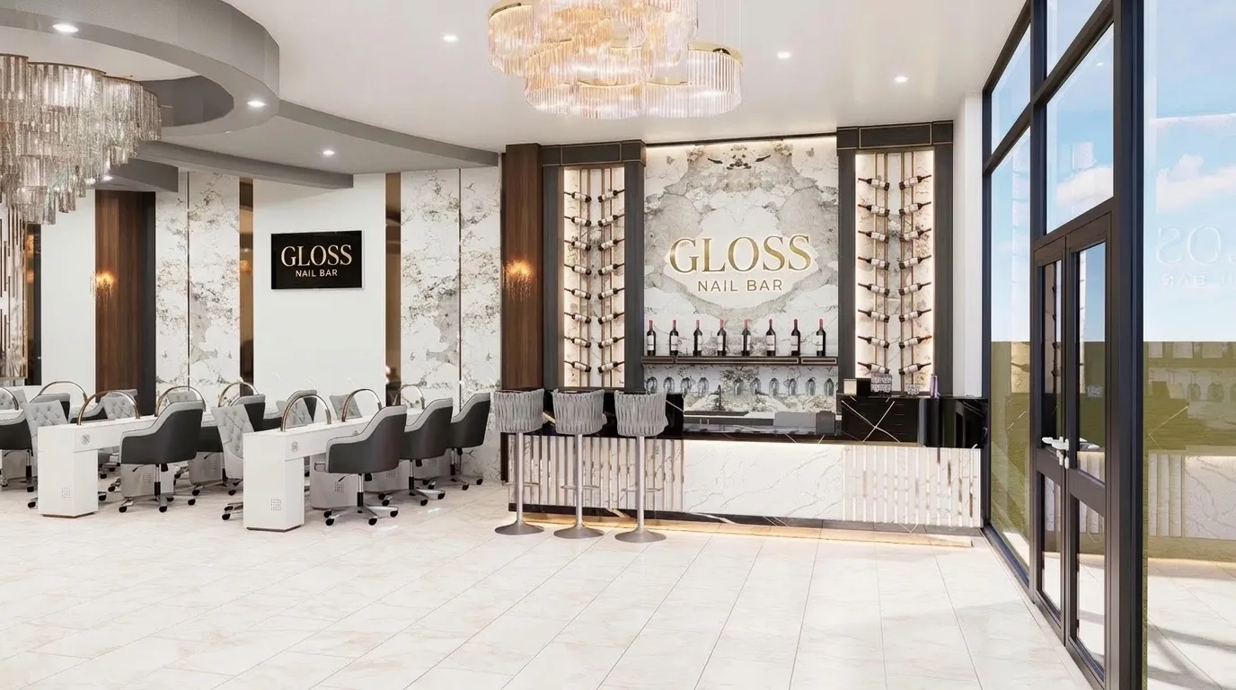 Rendering of the Niles manicure salon and marble wine-bar reception