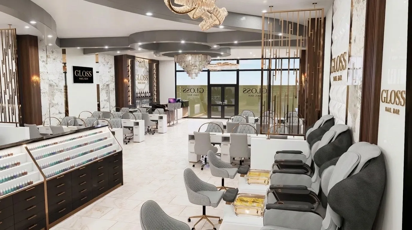 Rendering of the Niles manicure stations and floor-to-ceiling polish display