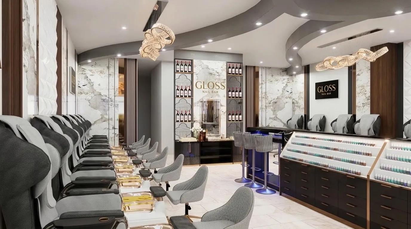 Rendering of the Niles pedicure lounge beside the marble wine wall and polish display