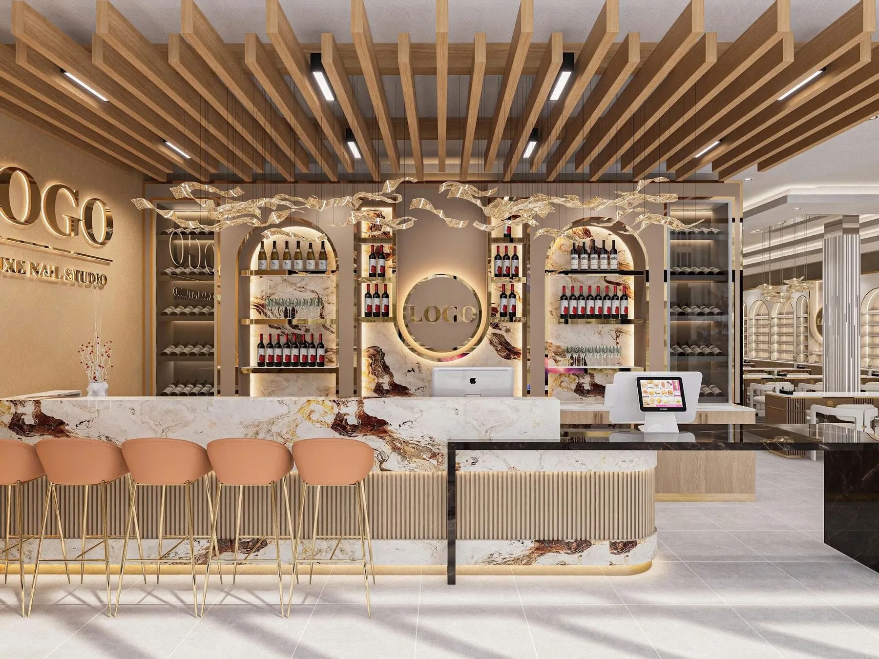 Rendering of the reception bar and backlit polish display