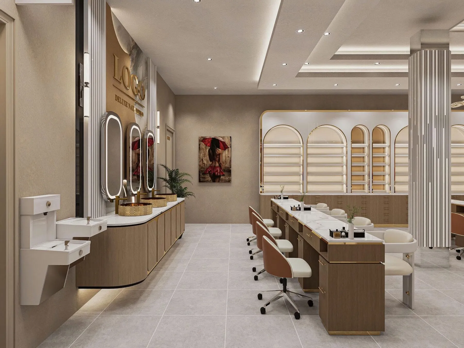 Rendering of arched treatment alcoves and vanity stations