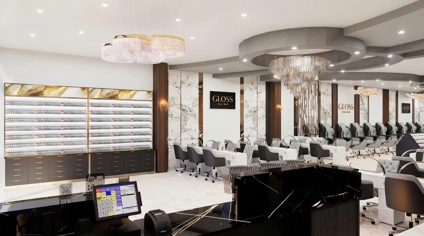 Rendering of the Niles reception desk and wall-to-wall polish display
