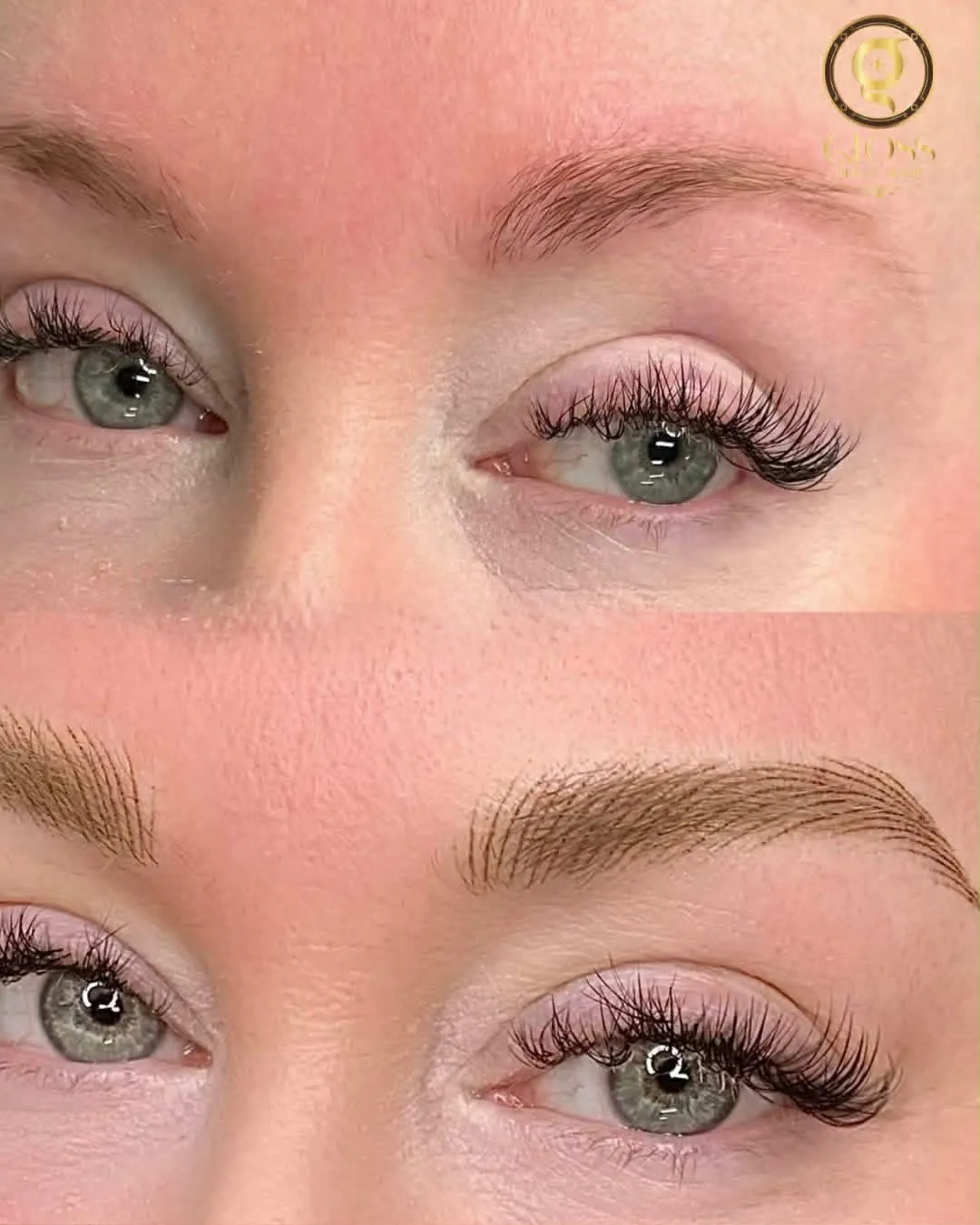 Before-and-after brow transformation at Gloss Nail Bar Machesney Park — fuller, defined brows framing the eyes