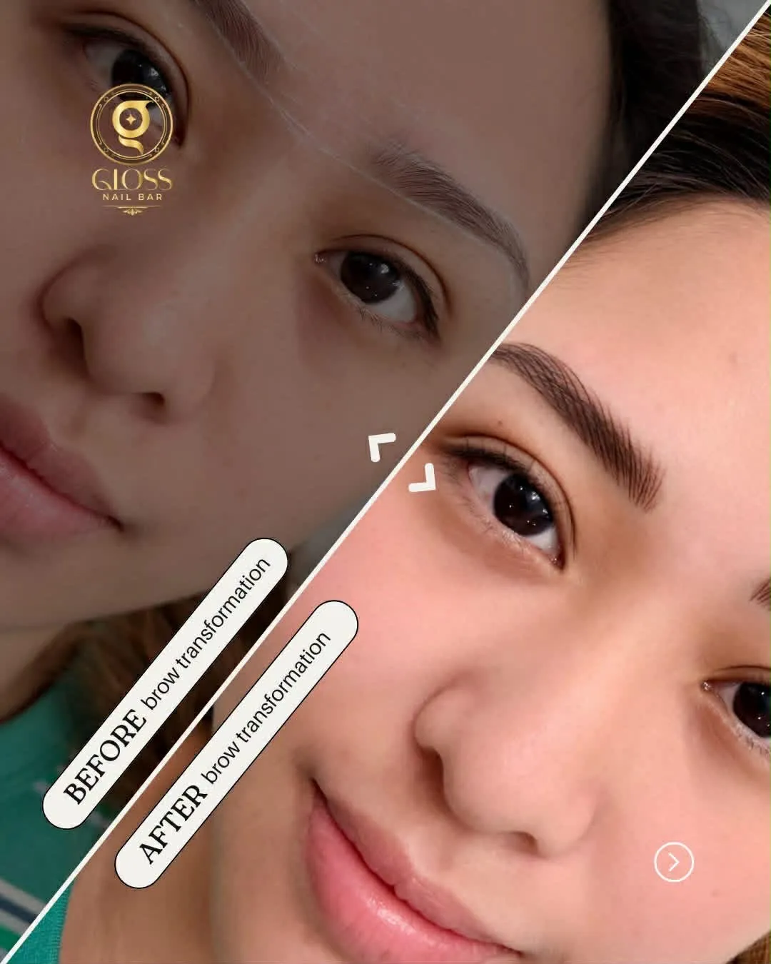 Before-and-after brow makeover at Gloss Nail Bar Machesney Park — sparse brows shaped into full, feathered arches