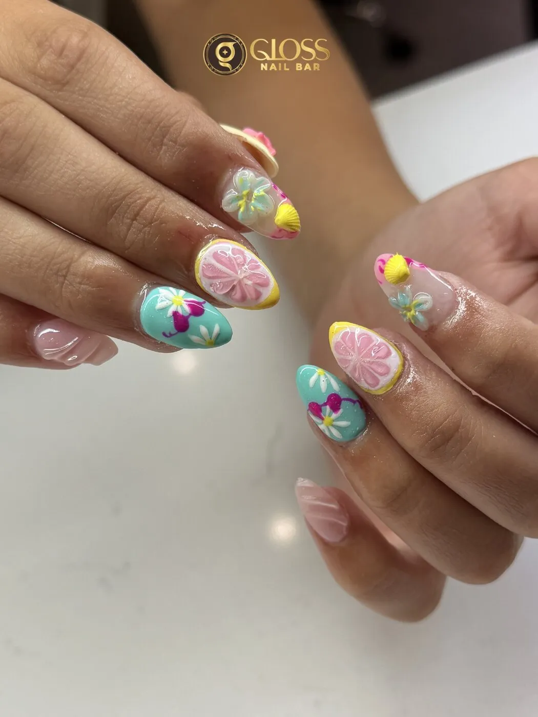 Summer almond set with 3D citrus slices, seashells and daisies on teal