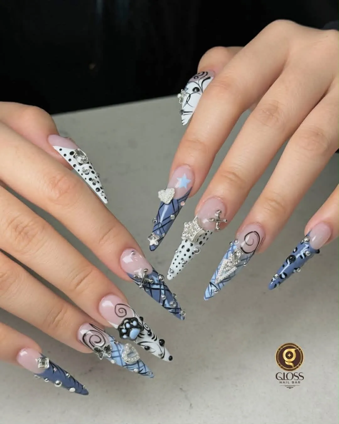 Blue-and-white plaid stiletto set with polka dots, swirls, crystals and 3D charms