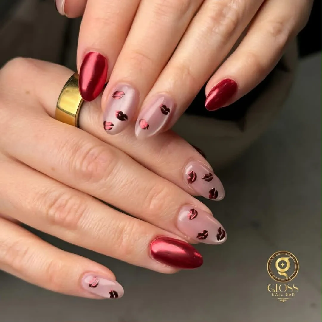 Metallic red chrome and nude almond nails with hand-painted red lip prints